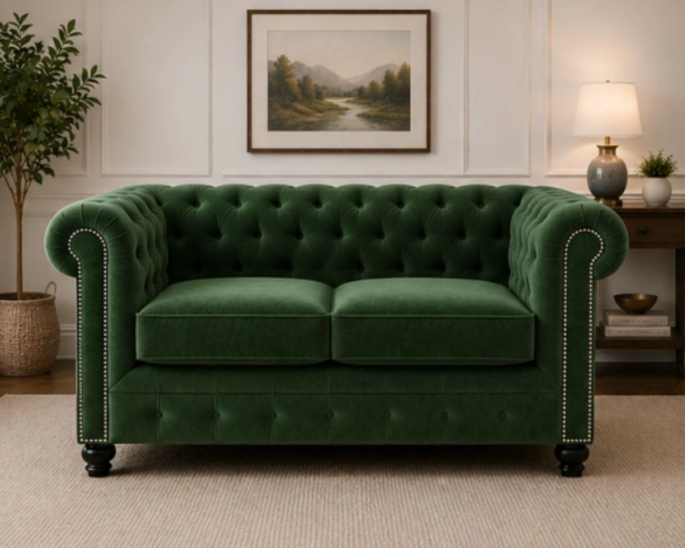 Elegant Chesterfield Loveseat – Light Blue Upholstered Sofa Chesterfield Sofa Green – 2 Seater Stylish Velvet Sofa - Image 1
