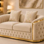 Madrid Beige Golden Luxury 2-Seater Sofa – Elegant Tufted Sofa with Gold Accents