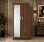 Contemporary Wooden Closet with Mirror and Drawers - Multi Storage 2 Door Wardrobe with 3 Drawers - Image 4