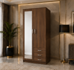 Contemporary Wooden Closet with Mirror and Drawers - Multi Storage 2 Door Wardrobe with 3 Drawers - Image 2