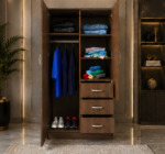 Contemporary Wooden Closet with Mirror and Drawers - Multi Storage 2 Door Wardrobe with 3 Drawers