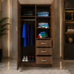 Contemporary Wooden Closet with Mirror and Drawers - Multi Storage 2 Door Wardrobe with 3 Drawers