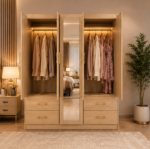 Wardrobe - 5 Door Wooden Wardrobe - Mirror & Drawer - Image 3