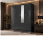 Luxury Classic 4 Door Wardrobe with Mirror & 2 Drawers - Deluxe Royal 4 Door Wardrobe