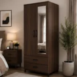Modern Walnut 2 Door Mirrored Wardrobe with 2 Drawers - Wooden Bedroom Storage Cabinet
