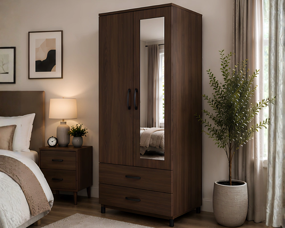 2 door wardrobe Modern Walnut 2 Door Mirrored Wardrobe with 2 Drawers - Wooden Bedroom Storage Cabinet - Image 1
