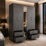 Wardrobe with Mirror & Drawer - 5 Door Wooden Wardrobe