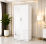 Elegant Wooden 2 Door Wardrobe with 3 Drawers & Mirror - 2 Doors  Wardrobe with White Colour - Image 2