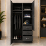 Premium Wooden Wardrobe with 2 Doors, 3 Drawers & Mirror - 2 Doors  Wardrobe with Black Colour