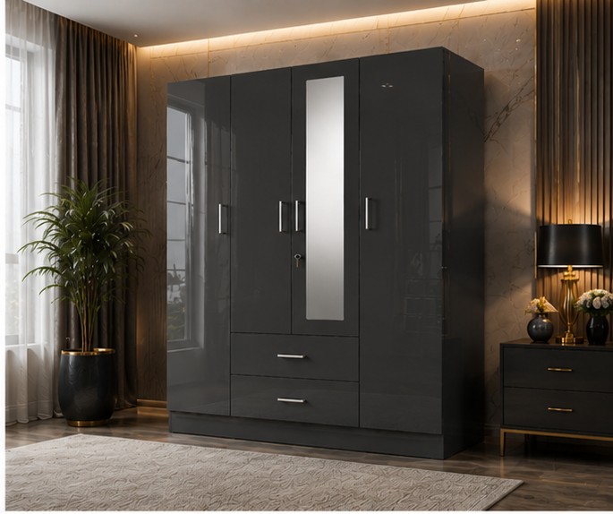 3 Royal Luxury 4 Door Wardrobe with 1 Mirror - Wardrobe with 2 Drawers - Image 1