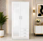 Elegant Wooden 2 Door Wardrobe with 3 Drawers & Mirror - 2 Doors  Wardrobe with White Colour - Image 3