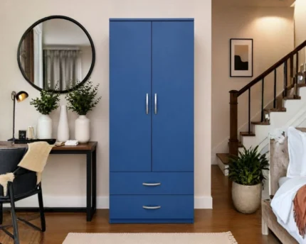 Modern Blue 2 Door Wardrobe with 2 Drawers - Bedroom Storage Cabinet