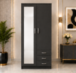 Premium Wooden Wardrobe with 2 Doors, 3 Drawers & Mirror - 2 Doors  Wardrobe with Black Colour - Image 4