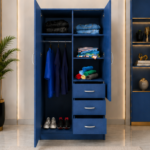 Premium Wooden Wardrobe with 2 Doors, 3 Drawers & Mirror - 2 Doors  Wardrobe with Bleu Colour