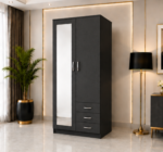 Premium Wooden Wardrobe with 2 Doors, 3 Drawers & Mirror - 2 Doors  Wardrobe with Black Colour - Image 2