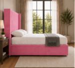 Contemporary Pink Velvet Wingback Bed with Deep Tufted Headboard - Modern Living King Winged Bed - Image 4