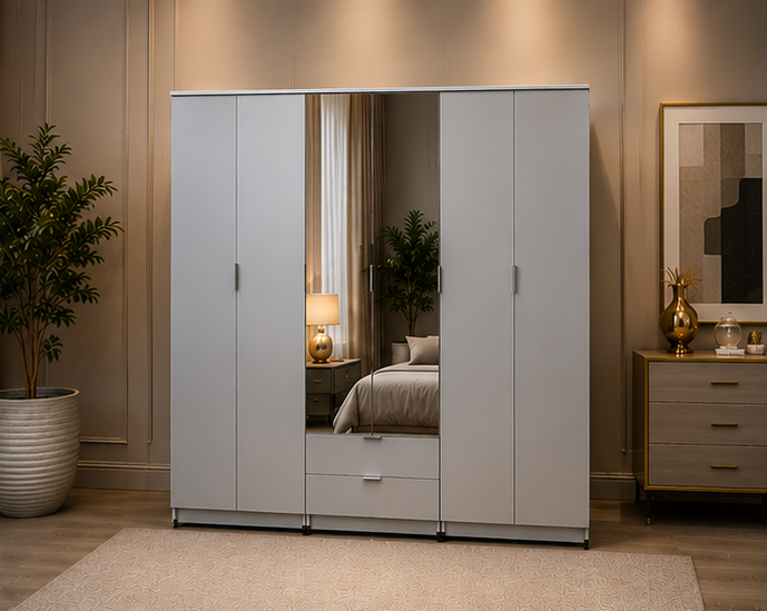 6 Stylish Royal 6 Door Wardrobe with 2 Mirrors - Two Storage Drawers - Image 1
