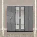 Luxury 6 Door Grey Mirrored Wardrobe  –  High Gloss Bedroom Storage Cabinet