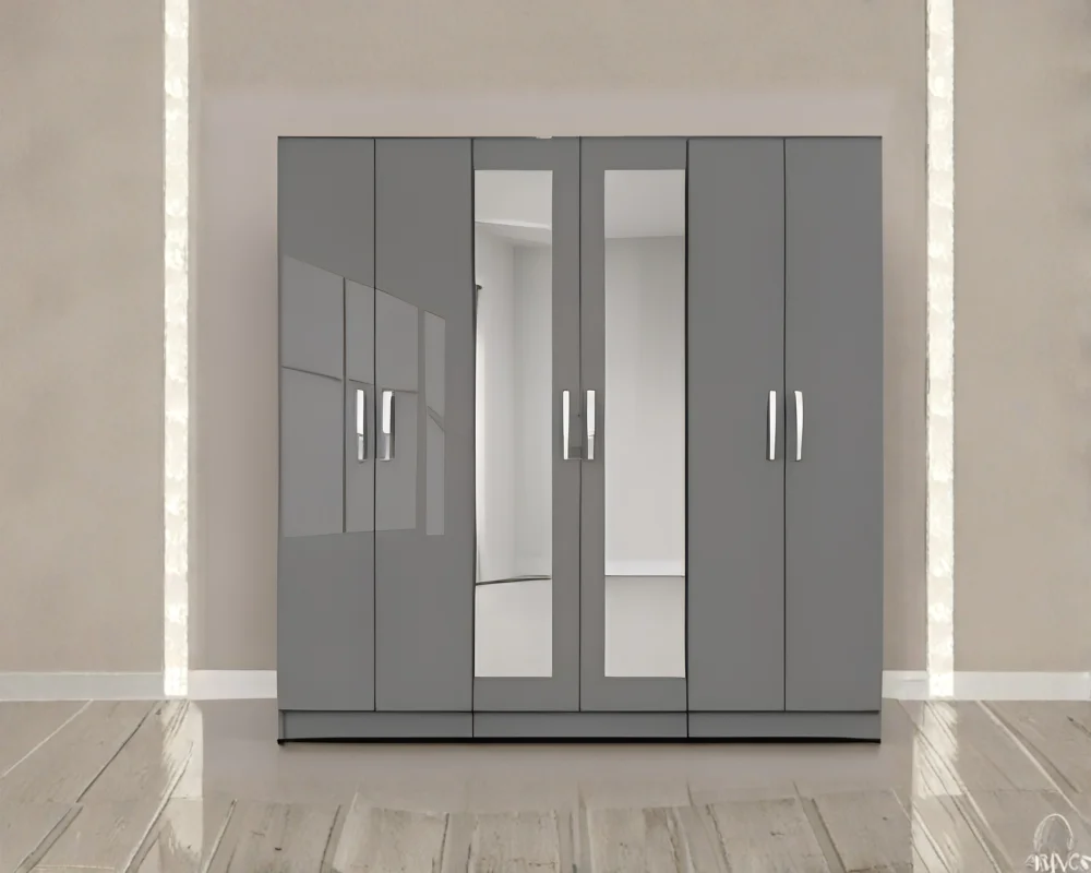 6 Door Storage Wardrobe – Large Modern Bedroom Organiser Luxury 6 Door Grey Mirrored Wardrobe – High Gloss Bedroom Storage Cabinet - Image 1