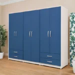Luxury 6 Door Blue Wardrobe with 4 Drawers  – Modern Wooden Bedroom Storage Cabinet