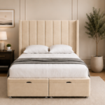 Modern Tufted King Size Bed - Beige Upholstered Winged Bed with Timeless Bedroom Elegance
