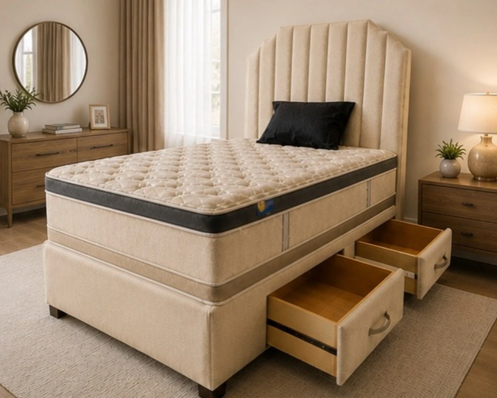 8 Sophisticated Vertical Panel Design with Pull Out Storage Double Divan Bed with Premium Fabric - Bed Base with Storage - Image 1