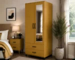 Mustard Yellow 2 Door Mirrored Wardrobe with 2 Drawers - Modern Bedroom Storage Cabinet