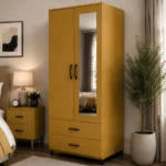 Mustard Yellow 2 Door Mirrored Wardrobe with 2 Drawers - Modern Bedroom Storage Cabinet