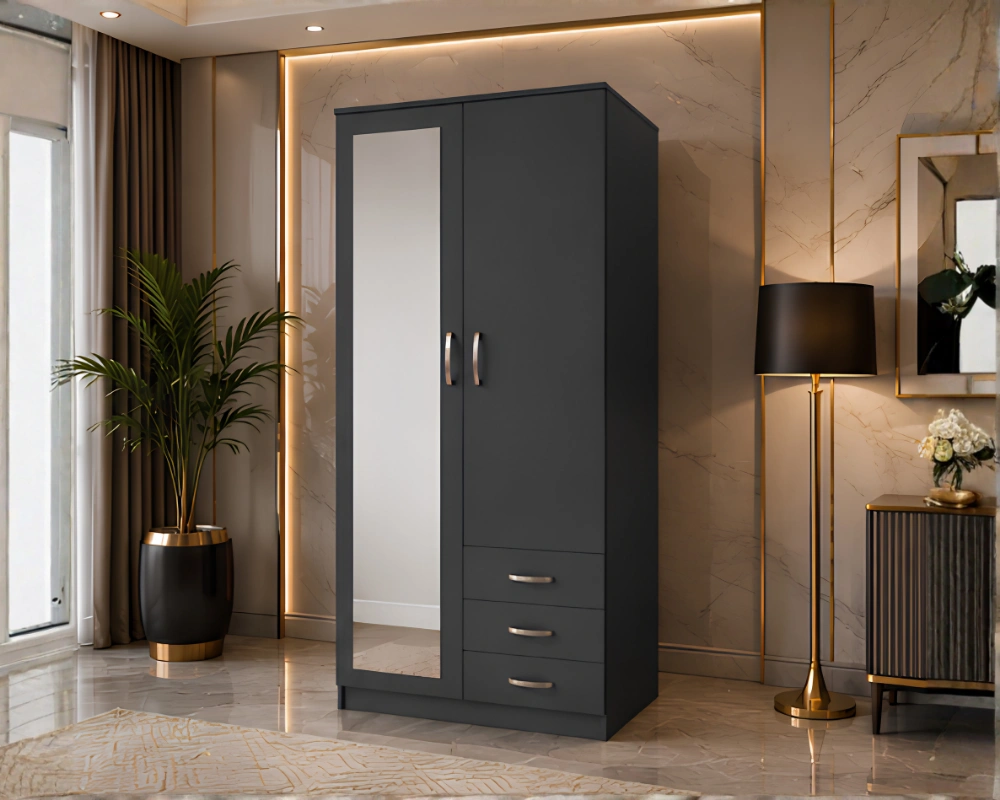 Bedroom Storage Cabinet with Two Doors Grey 2 Door Wardrobe with Mirror & 3 Drawers - Modern Wooden Bedroom Storage - Image 1