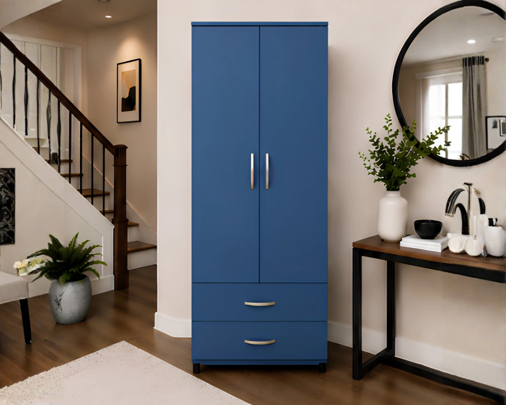 Bedroom Wardrobe with Adjustable Shelves Modern Blue 2 Door Wardrobe with 2 Drawers - Bedroom Storage Cabinet - Image 1