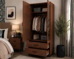 Walnut 2 Door Mirrored Wardrobe with 2 Drawers - Modern Bedroom Storage Cabinet - Image 2