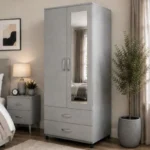 Light Grey 2 Door Mirrored Wardrobe with 2 Drawers - Modern Bedroom Storage Cabinet