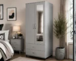 Light Grey 2 Door Mirrored Wardrobe with 2 Drawers - Modern Bedroom Storage Cabinet - Image 4