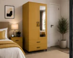 Mustard Yellow 2 Door Mirrored Wardrobe with 2 Drawers - Modern Bedroom Storage Cabinet - Image 2