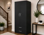 Black Wooden Wardrobe Closet with Hanging Rail & 2 Storage Drawers - Two Door Wardrobe - Stylish Two Door Wardrobe with Two Drawers - Image 3
