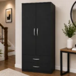 Black Wooden Wardrobe Closet with Hanging Rail & 2 Storage Drawers - Two Door Wardrobe - Stylish Two Door Wardrobe with Two Drawers