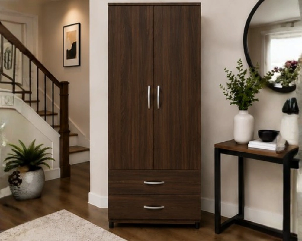 Classic 2 Door Storage Wardrobe Cabinet Walnut 2 Door Wardrobe with 2 Drawers - Modern Wooden Bedroom Storage Cabinet - Image 1