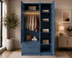 Blue Wooden 3 Door Wardrobe with Full Length Mirror -Double Drawer Storage Closet - Image 3