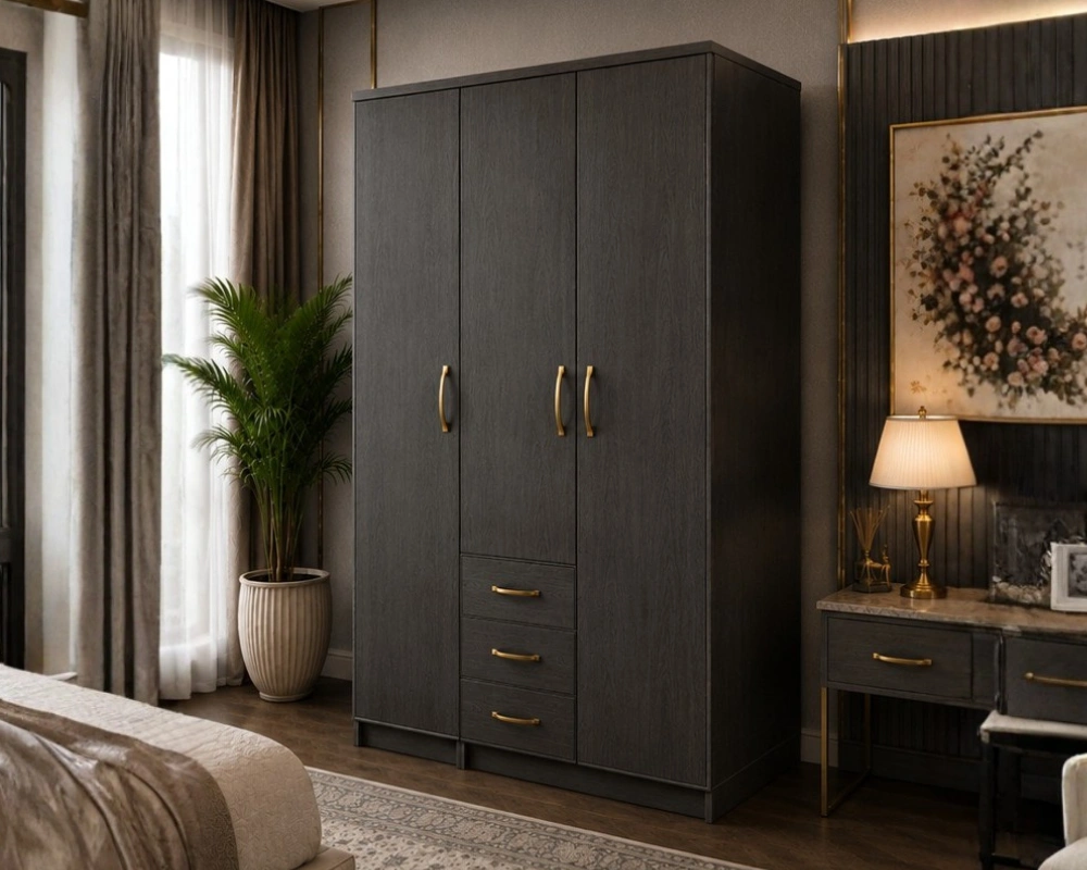 Contemporary Dark Wood 3 Door Wardrobe with 3 Drawers – Spacious Clothes Storage Luxury 3 Door Bedroom Wardrobe with Storage Drawers - Modern Design - Image 1