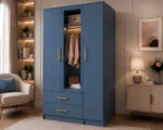 Blue Wooden 3 Door Wardrobe with Full Length Mirror -Double Drawer Storage Closet - Image 2