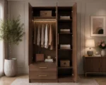 Contemporary Walnut Brown Wooden Wardrobe with Mirror & 2 Drawers - Image 3