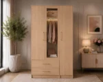Elegant Closet Organizer with Drawers and Mirror - Large Capacity Triple Door Wardrobe with Mirror