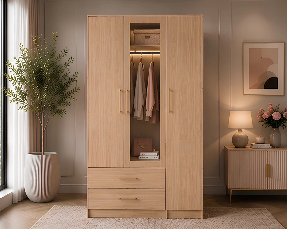 Contemporary Wooden Wardrobe Closet with Mirror & Hanging Space Elegant Closet Organizer with Drawers and Mirror - Large Capacity Triple Door Wardrobe with Mirror - Image 1