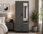 Modern Grey 2 Door Mirrored Wardrobe with 2 Drawers - Bedroom Storage Cabinet - Image 4