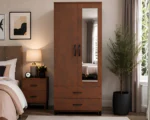 Walnut 2 Door Mirrored Wardrobe with 2 Drawers - Modern Bedroom Storage Cabinet - Image 3