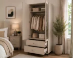 Cream 2 Door Mirrored Wardrobe with 2 Drawers - Modern Bedroom Storage Cabinet - Image 3