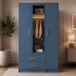 Blue Wooden 3 Door Wardrobe with Full Length Mirror -Double Drawer Storage Closet