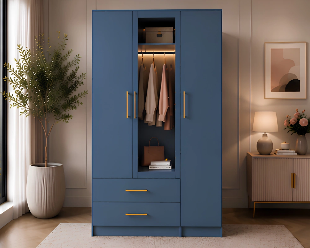 Elegant 3 Door Bedroom Wardrobe with Open Closet & Double Drawer Storage Blue Wooden 3 Door Wardrobe with Full Length Mirror -Double Drawer Storage Closet - Image 1