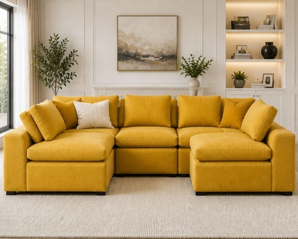 Elegant Golden Mustard U-Shaped Sofa Modern Living Room Sofa - U Shape Sofa - Image 1