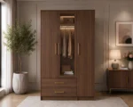 Contemporary Walnut Brown Wooden Wardrobe with Mirror & 2 Drawers - Image 2